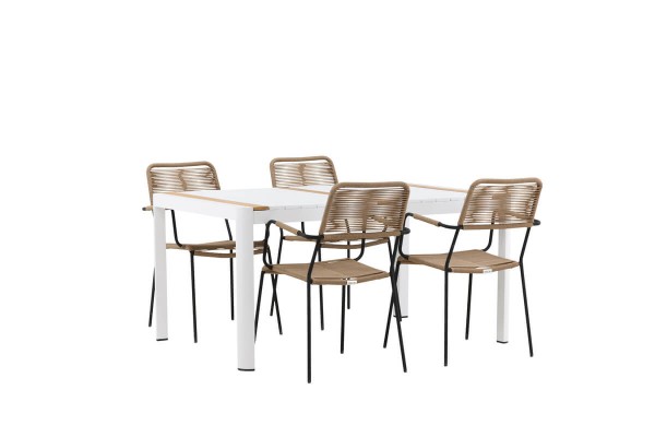Togo & Lindos matgrupp 1 bord + 4 stolar vit/brun Venture Home