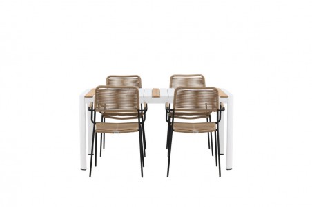 Togo & Lindos matgrupp 1 bord + 4 stolar vit/brun Venture Home