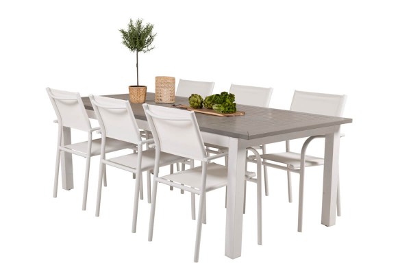 Albany & Santorini matgrupp 1 bord + 6 stolar grå/vit Venture Home