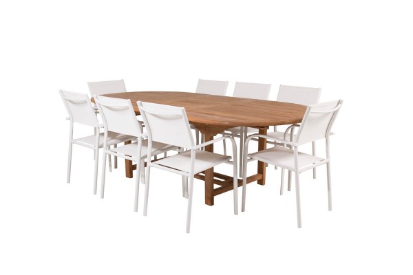 Kenya & Santorini matgrupp 1 bord + 8 stolar vit/natur Venture Home