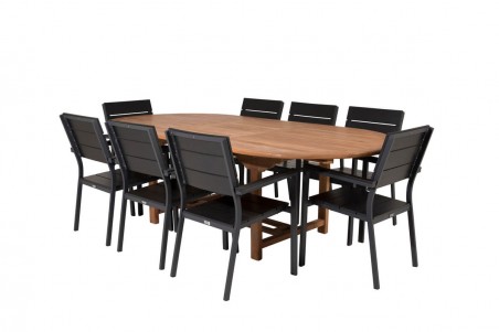 Kenya & Levels matgrupp 1 bord + 8 stolar svart/natur Venture Home