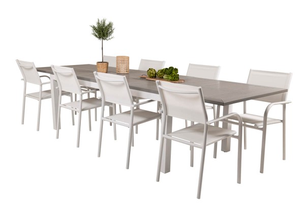 Albany & Santorini matgrupp 1 bord + 8 stolar vit/grå Venture Home