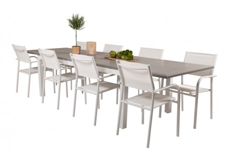 Albany & Santorini matgrupp 1 bord + 8 stolar vit/grå Venture Home
